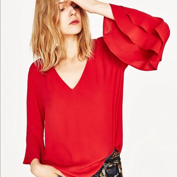 NWT Zara 3/4 Sleeve Ruffle Red Blouse Size Small - Picture 3 of 6